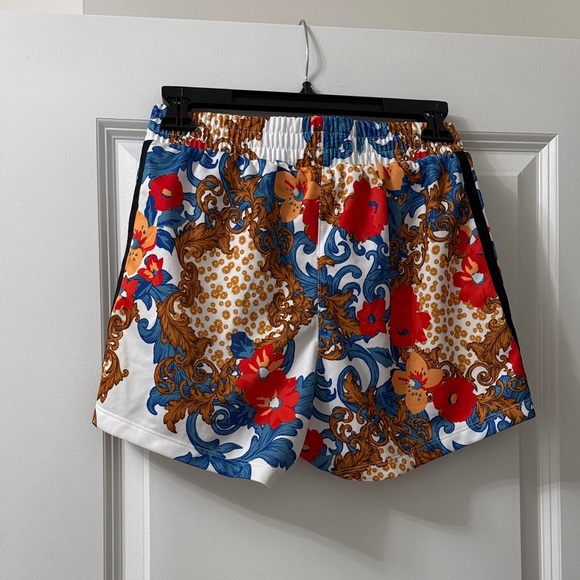 adidas Women's Floral Print Athletic Shorts in White, Red & Blue - Picture 2 of 2